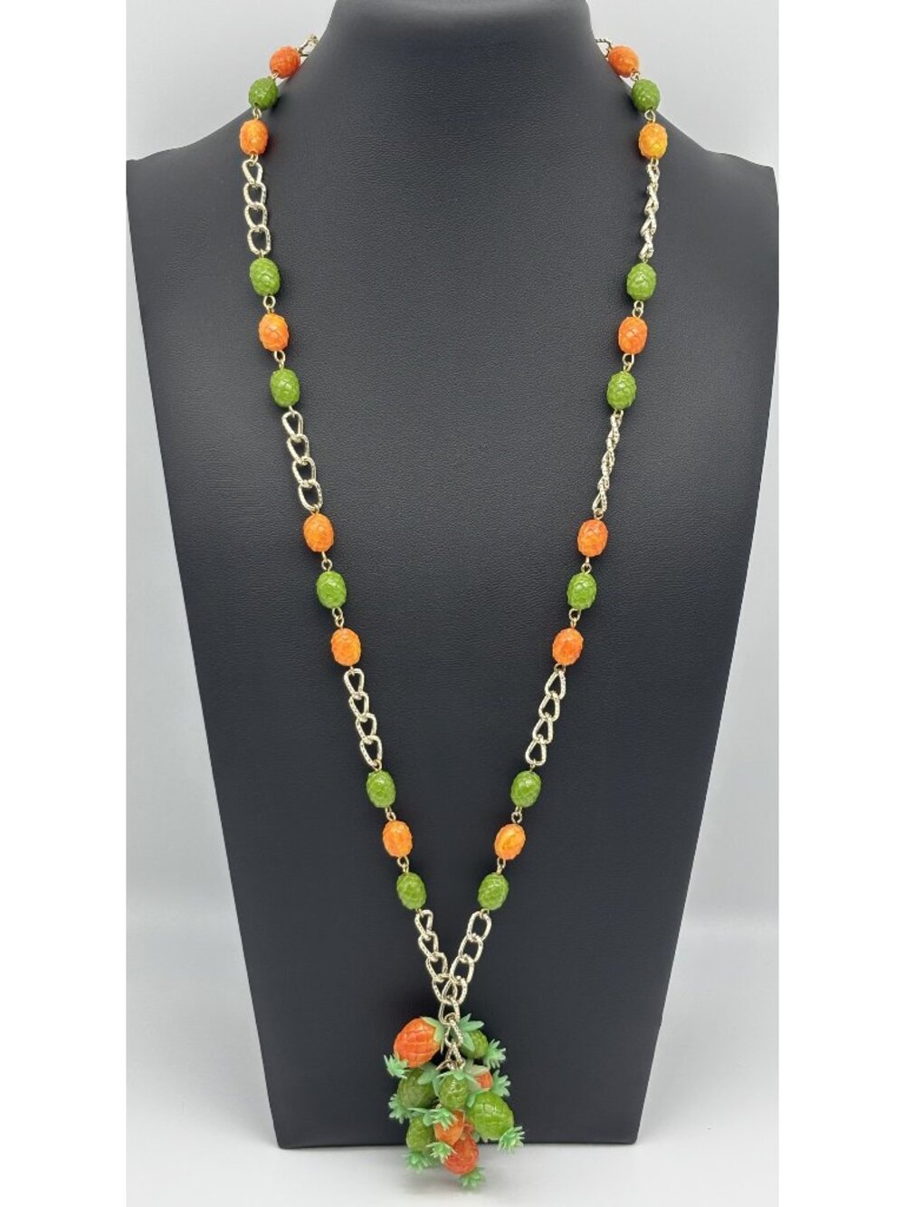 Vintage Hong Kong Plastic Fruit Salad Cluster Necklace Green Orange Pineapples
